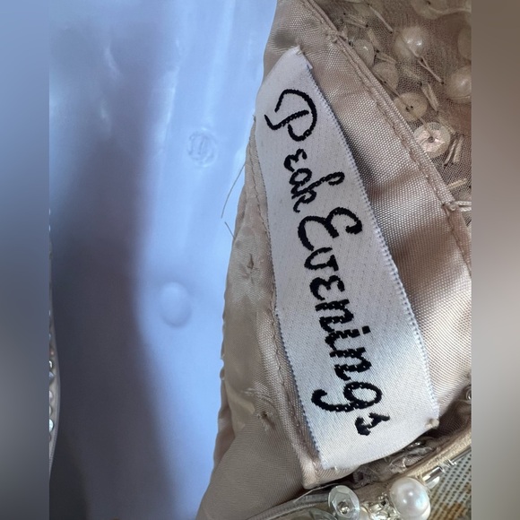 Vintage elegant cocktail dress beige sheer beads pearls sequins Peak Evenings XS - Picture 12 of 13